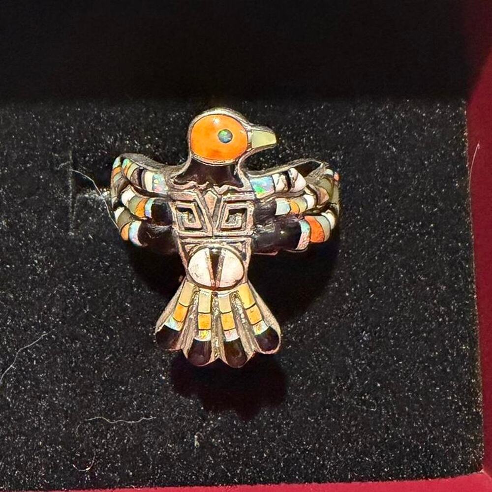 Sterling Silver Southwestern Thunderbird Inlay Ring Size 7
